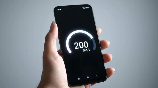 Hand holds a smartphone with a speedometer app showing 200 units.