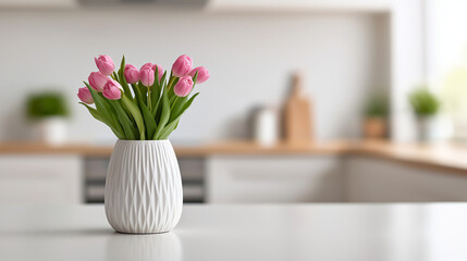 Pink tulips in a stylish white vase on a clean bright kitchen counter, bringing fresh spring flowers and a touch of modern home decor to a minimal space, copy space © Tetyana