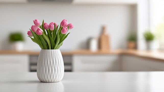 Pink tulips in a stylish white vase on a clean bright kitchen counter, bringing fresh spring flowers and a touch of modern home decor to a minimal space, copy space