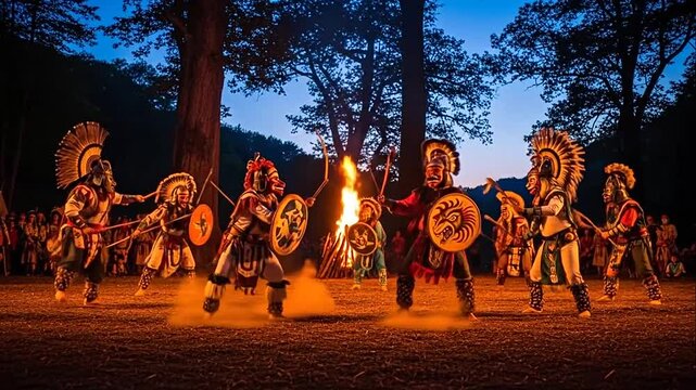 Indigenous warriors performing a powerful tribal dance with fire and spears in a dark forest at night.