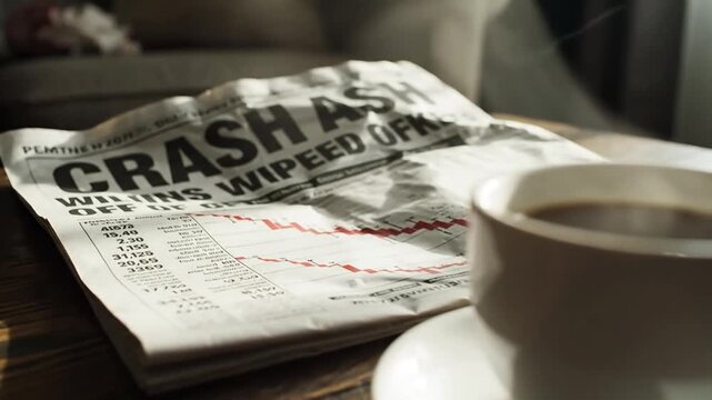 Financial crisis concept - crumpled newspaper with a stock market crash headline lies next to a coffee cup on a wooden table in moody lighting