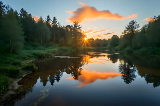 Sunset over calm river in forest with golden clouds tree reflections and misty banks
