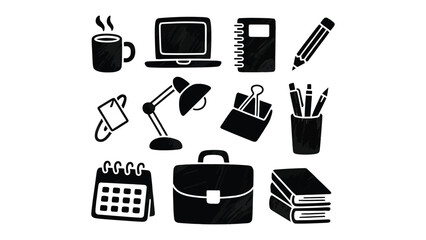 Obraz premium Workspace Icons: A collection of meticulously designed icons representing workspace essentials, perfect for illustrating the tools and elements of a productive work environment.