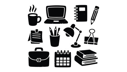 Obraz premium Workspace Essentials: An array of essential workspace tools in striking silhouette form, presented against a clean backdrop, capturing the essence of productivity.