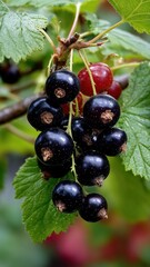 Glossy blackcurrant berries with vibrant green leaves, perfect for commercial use in food, fragrance, and natural product campaigns