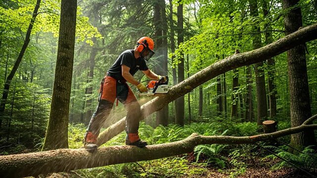 Lumberjack using a chainsaw in a sunlit forest setting.