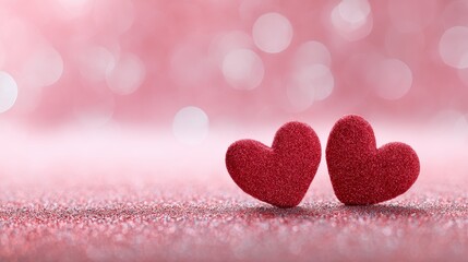 Obraz premium valentine's day background with two red hearts on a pink glitter bokeh