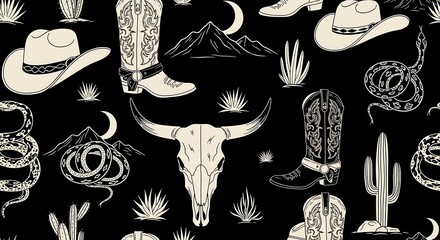 A dark seamless pattern with Western themed illustrations of boots, hats, snakes, and a skull © My