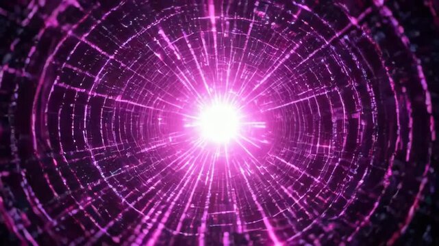 Vibrant digital tunnel with glowing pink light and blue data streams