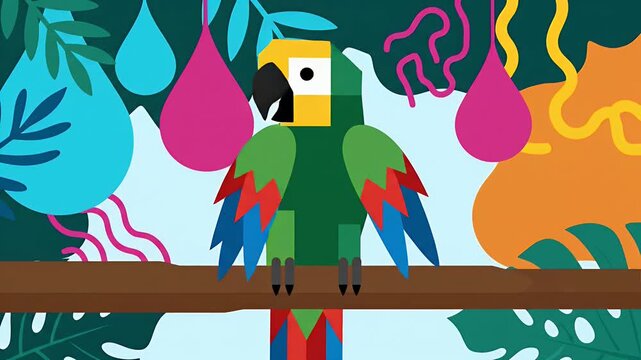 Colorful cartoon parrot perched on branch in tropical jungle
