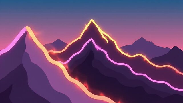 Abstract glowing neon mountain landscape with colorful sky at dusk
