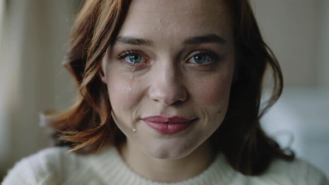 Young woman crying with tears in her eyes and a soft expression  