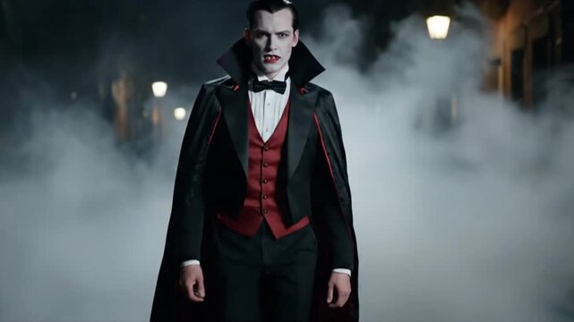 Man Dressed as Vampire Walking Through Foggy Street at Night