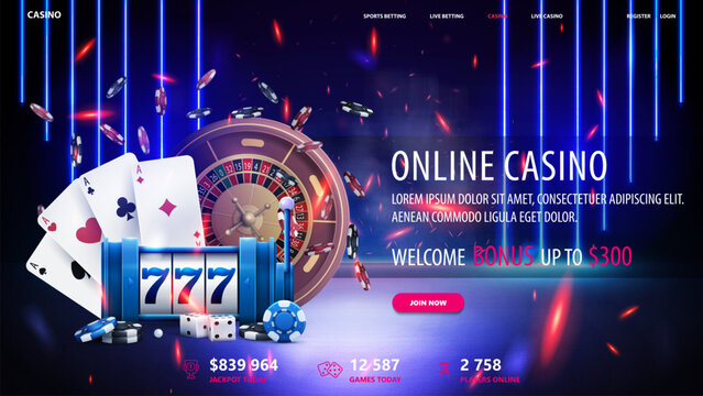Casino website with a slot machine and a roulette wheel on background with blue neon lines. The website is designed to look like a casino and is offering a bonus of 300