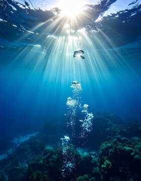 Rayos de sol atraviesan el agua azul profunda, iluminando burbujas que ascienden hacia la superficie en un paisaje submarino sereno y radiante.