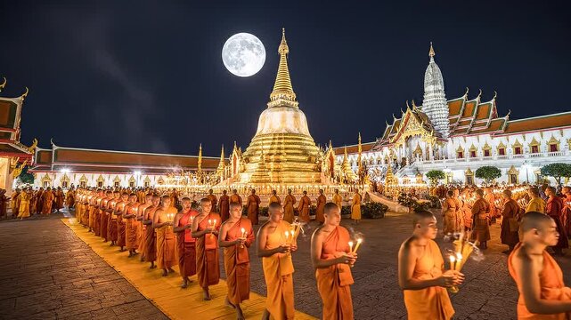 Monks procession at night with full moon over temple.