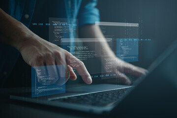 Developer working with code on laptop, virtual data interface, representing software development,...