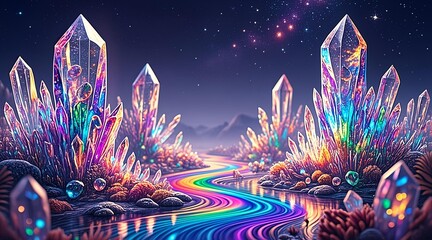 Naklejka premium Vibrant Crystals Line a Rainbow River under a Starry Night Sky