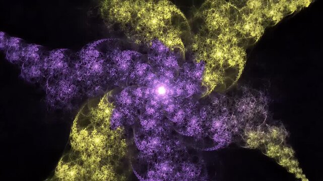 Abstract swirling luminous purple and yellow clouds against a dark background