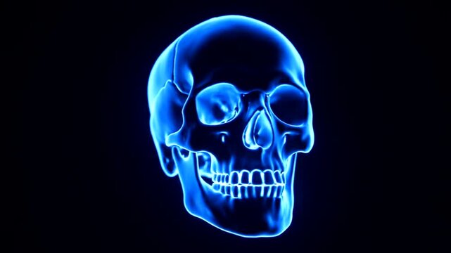 Glowing blue human skull closeup.