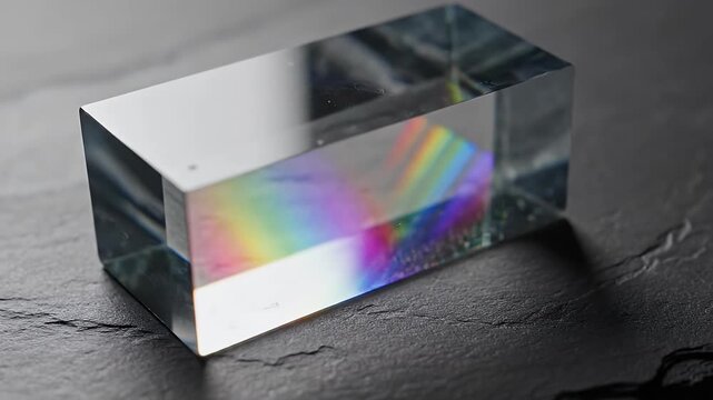 Rectangular glass prism with rainbow light refraction on a dark textured surface