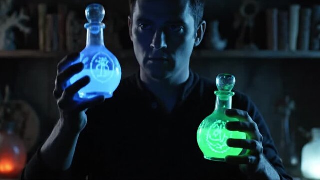 Man Holding Glowing Potion Bottles, Cinematic Halloween Fantasy