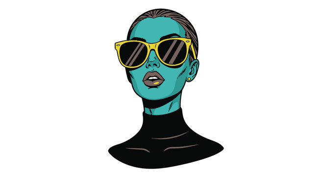 Greenskinned woman wearing yellow sunglasses and black turtleneck