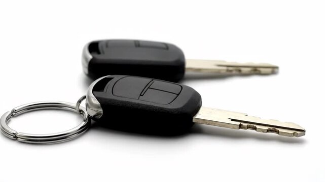 Two black car keys with a metal keychain on a clean white background.