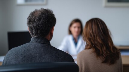 Fototapeta premium Rear view of middle aged couple in counseling session, professional therapist in office setting, mental health support and relationship advice, calm serious mood