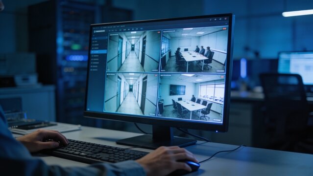 Security operator monitors multi camera CCTV feeds on desktop screen, modern control room workflow, calm vigilance for workplace safety and crime prevention