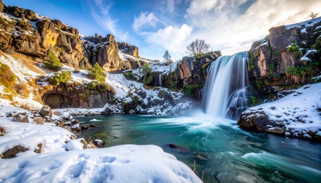 Una majestuosa cascada se precipita por acantilados rocosos salpicados de nieve y vegetaci&oacute;n verde, fluyendo hacia un r&iacute;o tranquilo en un impresionante paisaje natural de invierno.