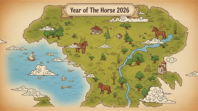 Playful cartoon map illustration of a vibrant land featuring horses, traditional buildings, and natural landscapes with "Year of the Horse 2026" title, isolated white background.