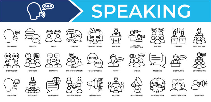 Speaking icon set collection. Containing partner, vote, interaction, interview, lecture, question, sharing .Line vector icons collection