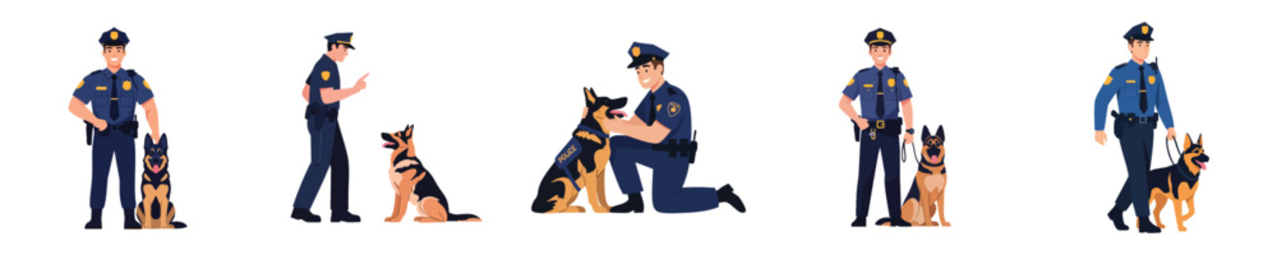 Police Dog Patrol Team Characters With K9 Officer Flat Vector Illustration Pack