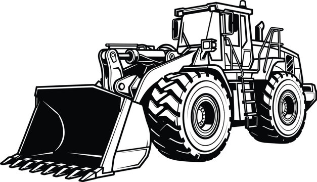 Bold black and white line art of a heavy construction frontend wheel loader with a large bucket.