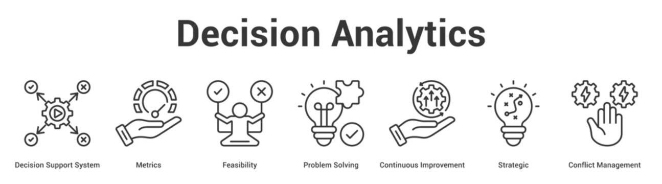 Decision Analytics web banner icon set vector illustration concept for business with icon of Decision Support System, Metrics, Feasibility, Problem Solving, Continuous Improvement, Strateg.