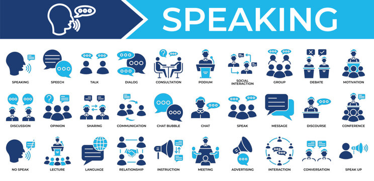 Speaking icon set collection. Containing partner, vote, interaction, interview, lecture, question, sharing .Solid vector icons collection