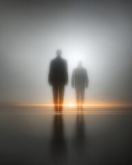 Two human silhouettes walking together through light symbolizing guidance and connection