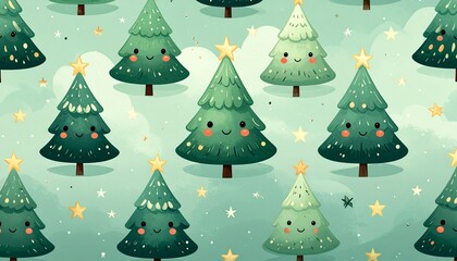 Obraz premium Whimsical cartoon Christmas trees with smiling faces and stars