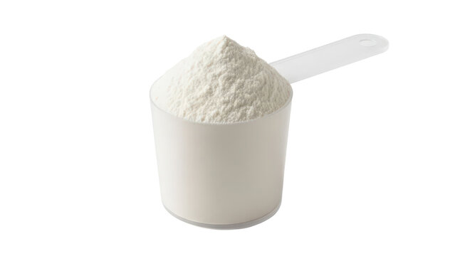 A white plastic measuring scoop filled with a pile of white powder isolated on transparent background