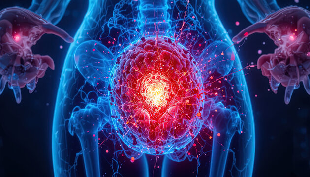 Glowing inflamed mass appears within the translucent outline of a female pelvic region.