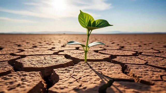 Resilience in the Arid Lands: A tenacious seedling emerges from cracked, parched earth under a radiant sun, symbolizing life's unwavering strength and the hope for renewal.