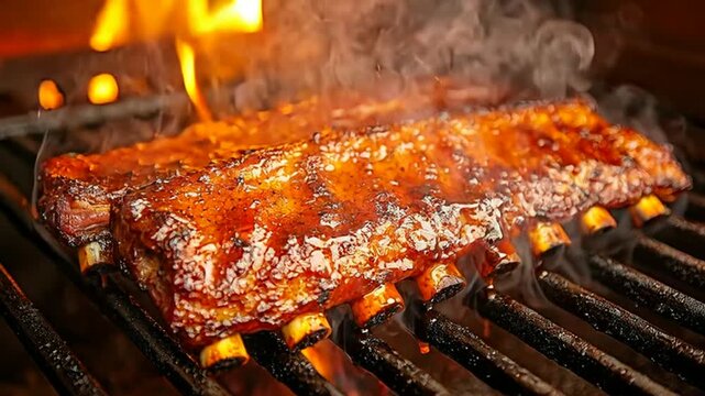 Delicious barbecue ribs grilling on hot grill