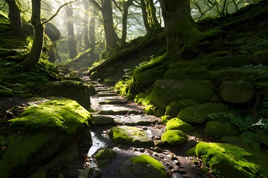 Enchanted forest path with mossy stones sunlight rays through ancient trees lush greenery