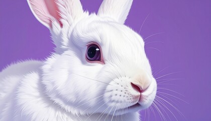 Obraz premium Portrait of a Cute White Fluffy Rabbit on a Vibrant Purple Background Illustration for Easter and Pet Care Concepts