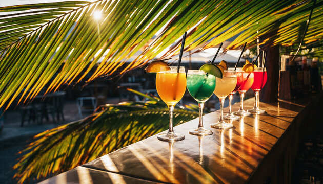 Vibrant tropical cocktails lined up by sunset poolside bar.
