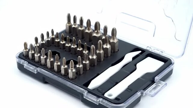 A comprehensive tool bit set organized in a black and clear plastic case against a white background.