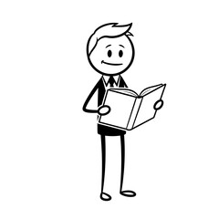 Stick Figure Businessman Reading an Open Book Standing Upright.