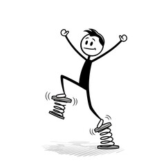 Stick Figure Character Joyfully Bouncing on Spring-Loaded Shoes.