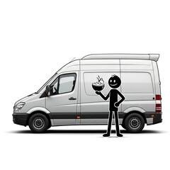 Stick Figure Character Holding Plant Pot Next to Delivery Van.